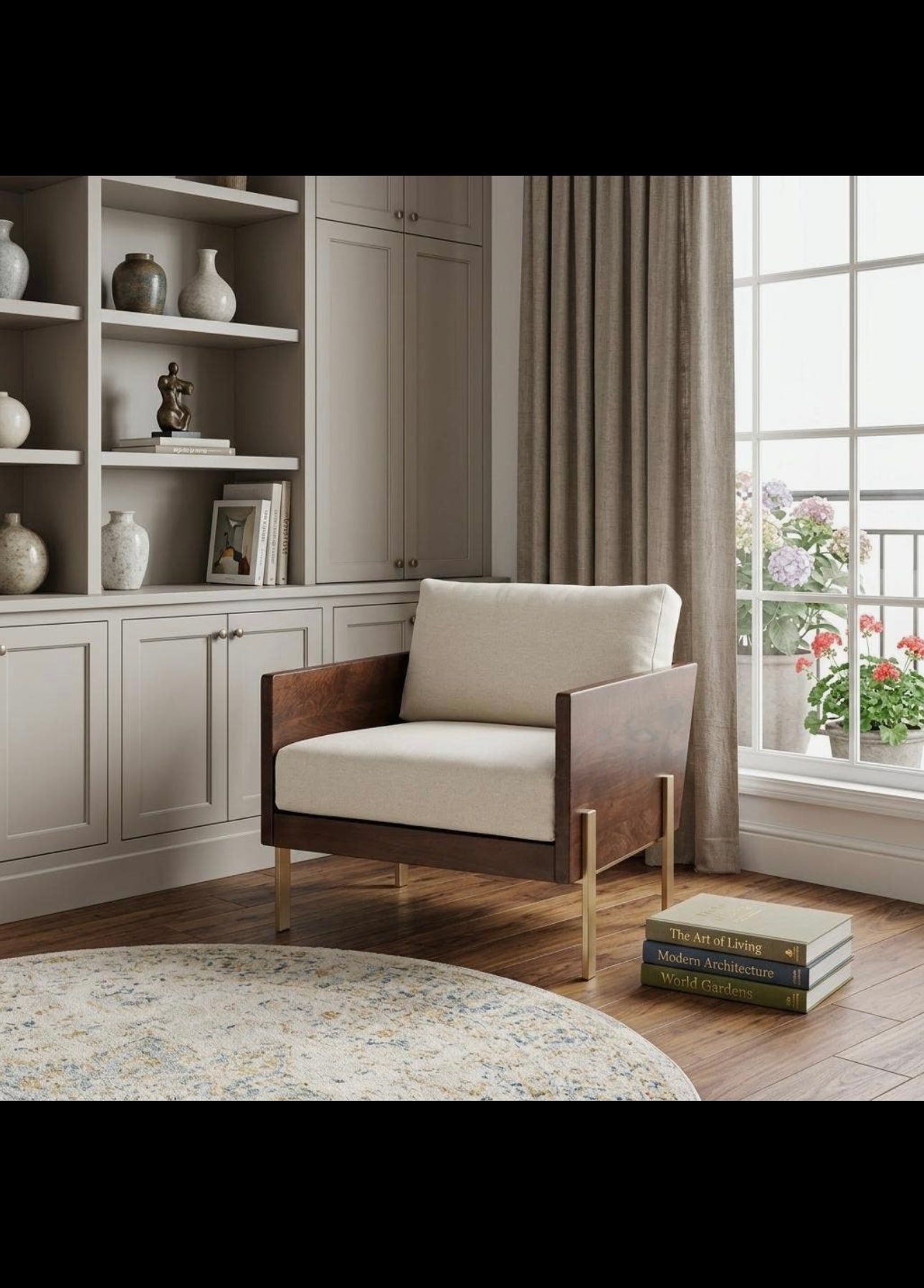 31" White Brown and Gold Top Grain Leather Arm Chair