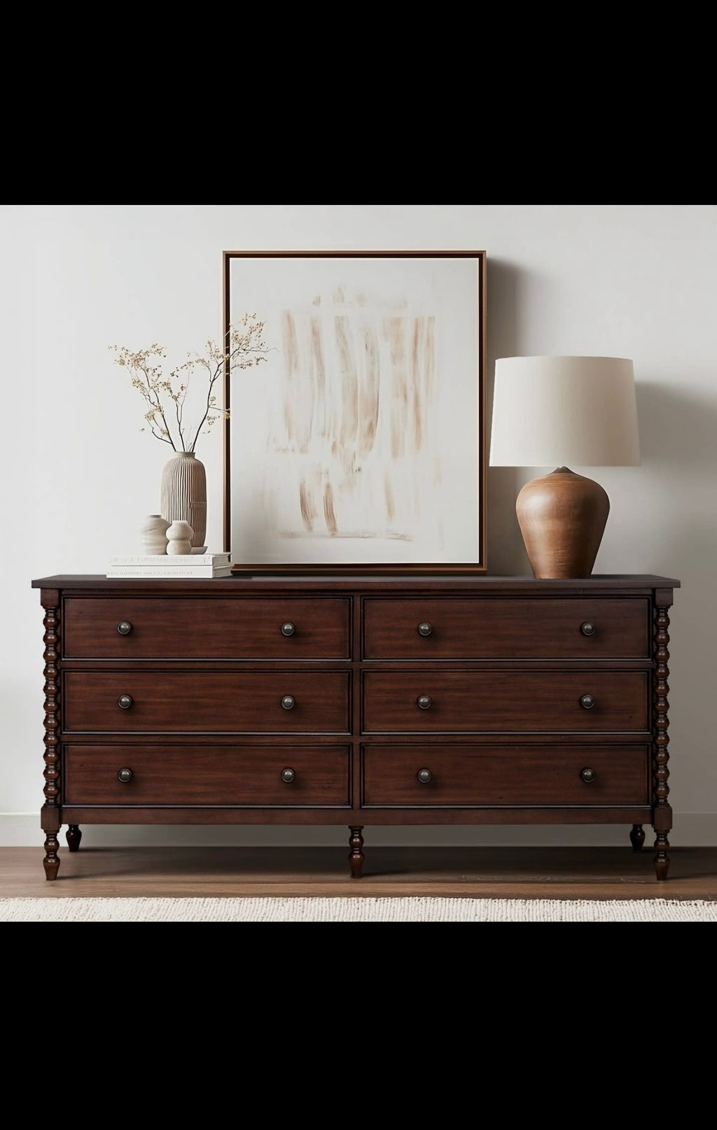 70 in 6-Drawer Spindle Wood Dresser, Morocco Brown
