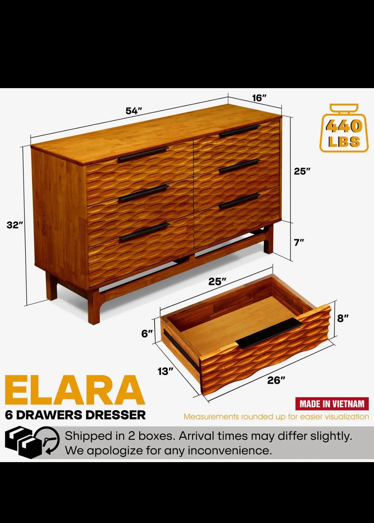 Elara Solid Wood Dresser with 6 Drawers
