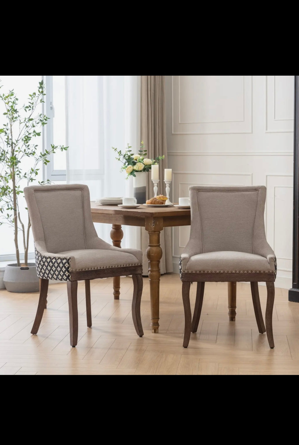 Ultra Side Dining Chair, Thickened Fabric Chairs with Neutrally Toned Solid Wood Legs, Bronze Nail Head, Set of 2, Beige and Patterned,Sw2207Bg Beige Black Dining Room American Design Rubberwood Set