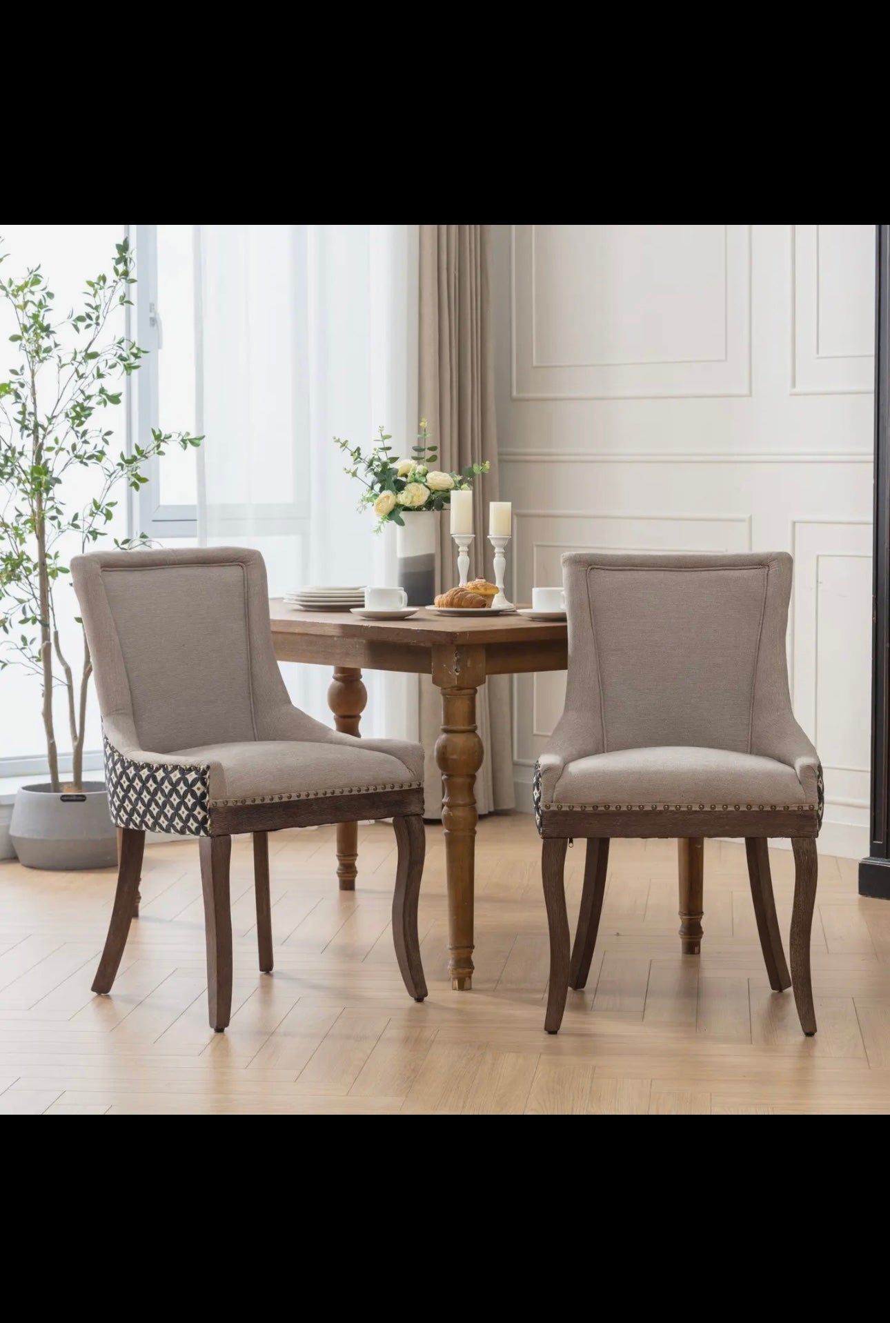 Ultra Side Dining Chair, Thickened Fabric Chairs with Neutrally Toned Solid Wood Legs, Bronze Nail Head, Set of 2, Beige and Patterned,Sw2207Bg Beige Black Dining Room American Design Rubberwood Set