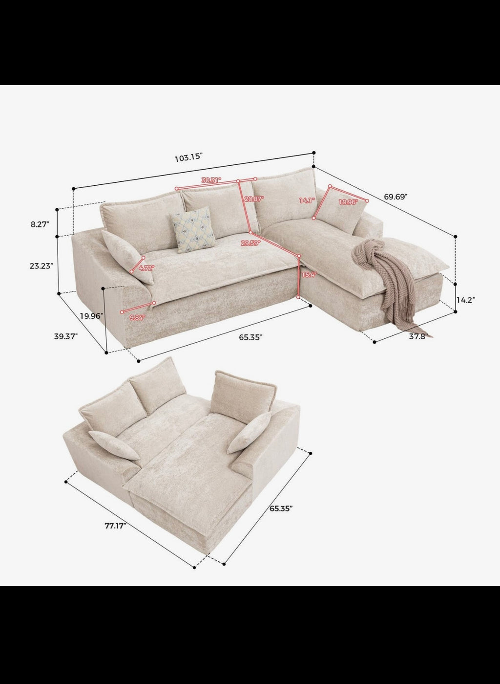 Ivory Chenille L-Shaped Modular
Sectional Compressed Sofa