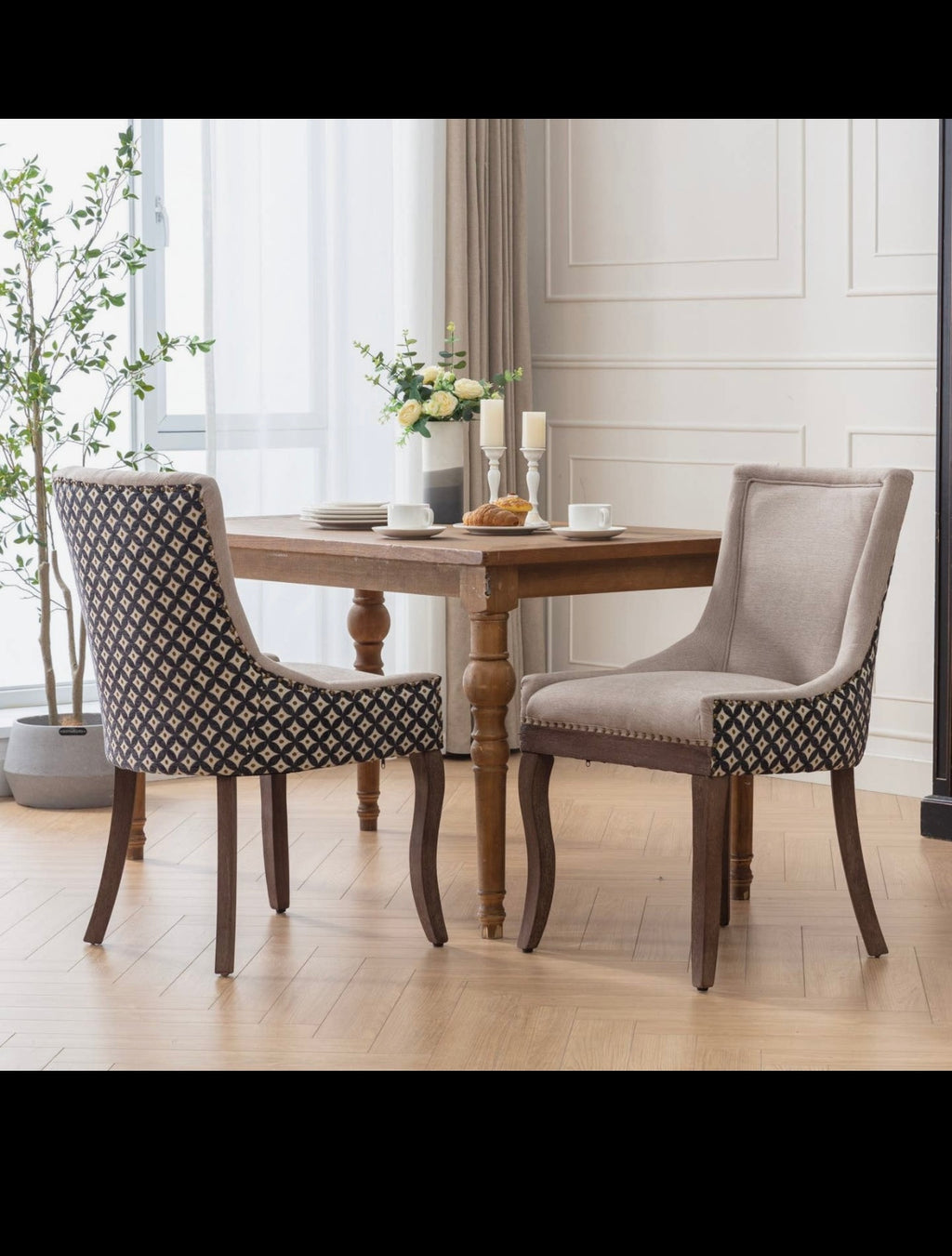 Ultra Side Dining Chair, Thickened Fabric Chairs with Neutrally Toned Solid Wood Legs, Bronze Nail Head, Set of 2, Beige and Patterned,Sw2207Bg Beige Black Dining Room American Design Rubberwood Set