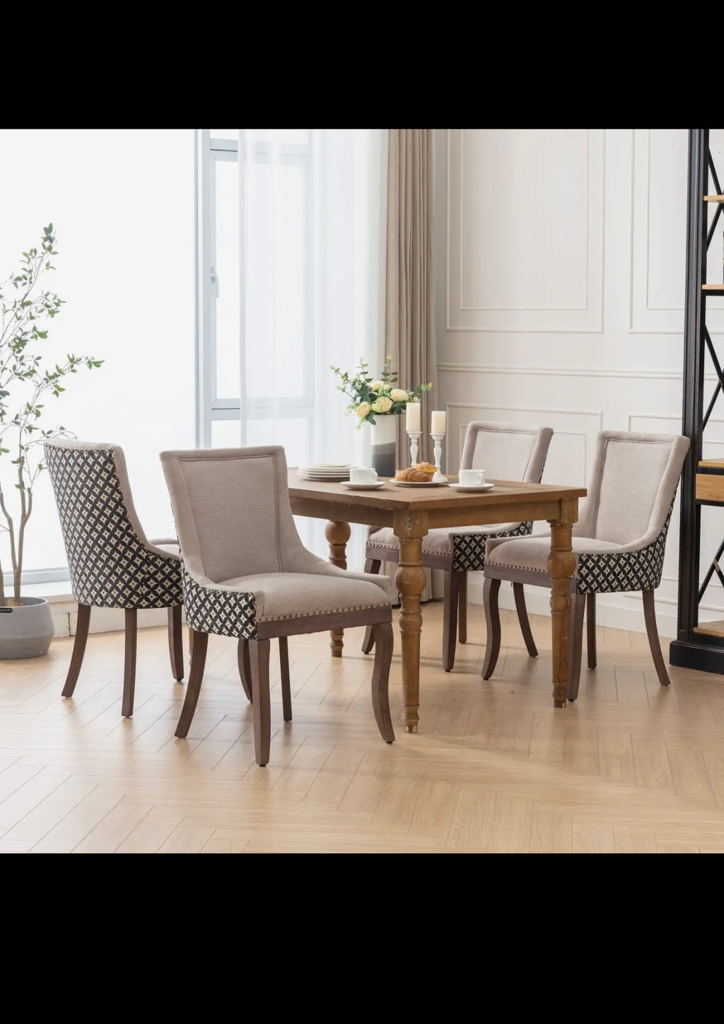 Ultra Side Dining Chair, Thickened Fabric Chairs with Neutrally Toned Solid Wood Legs, Bronze Nail Head, Set of 2, Beige and Patterned,Sw2207Bg Beige Black Dining Room American Design Rubberwood Set
