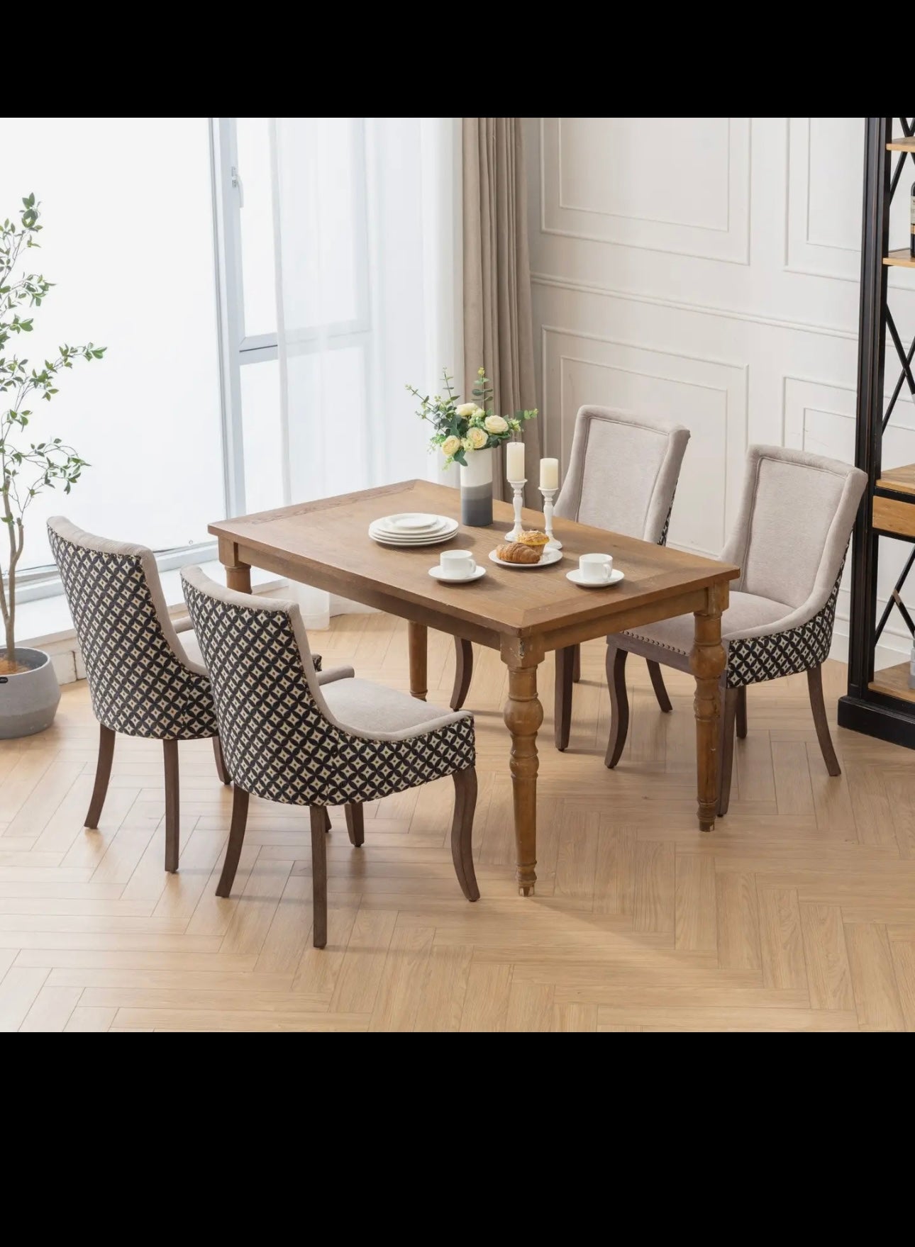 Ultra Side Dining Chair, Thickened Fabric Chairs with Neutrally Toned Solid Wood Legs, Bronze Nail Head, Set of 2, Beige and Patterned,Sw2207Bg Beige Black Dining Room American Design Rubberwood Set