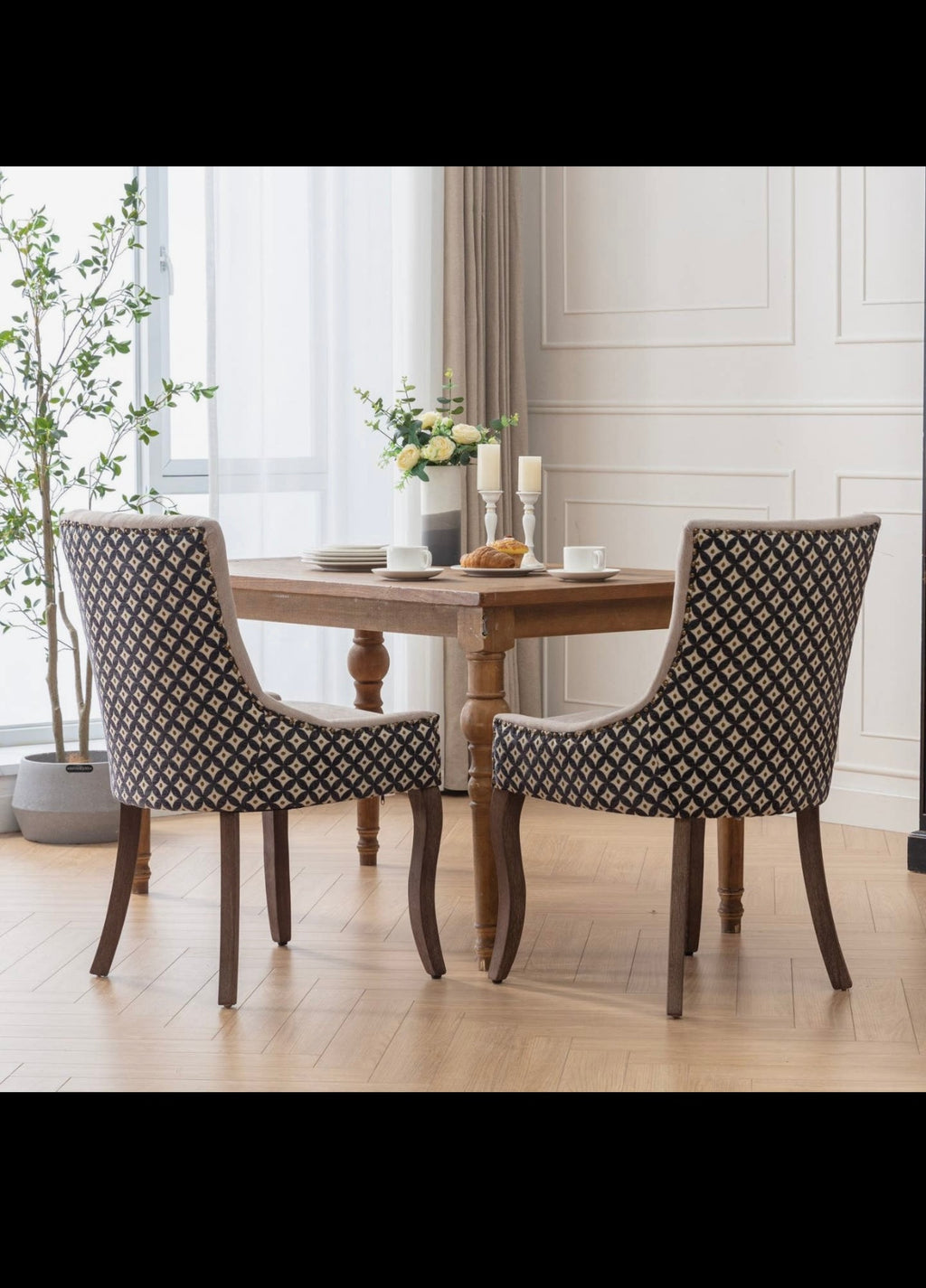 Ultra Side Dining Chair, Thickened Fabric Chairs with Neutrally Toned Solid Wood Legs, Bronze Nail Head, Set of 2, Beige and Patterned,Sw2207Bg Beige Black Dining Room American Design Rubberwood Set