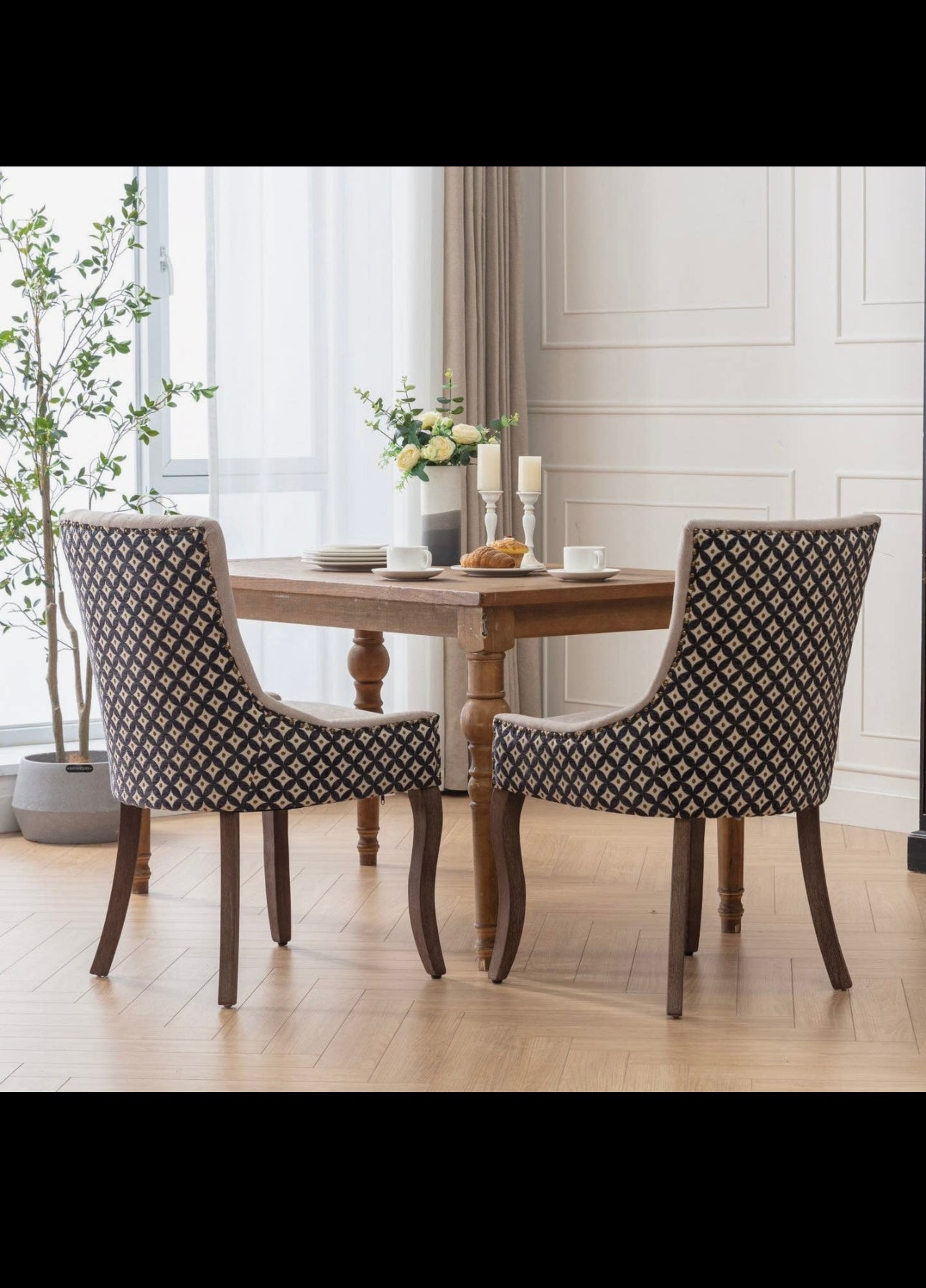 Ultra Side Dining Chair, Thickened Fabric Chairs with Neutrally Toned Solid Wood Legs, Bronze Nail Head, Set of 2, Beige and Patterned,Sw2207Bg Beige Black Dining Room American Design Rubberwood Set