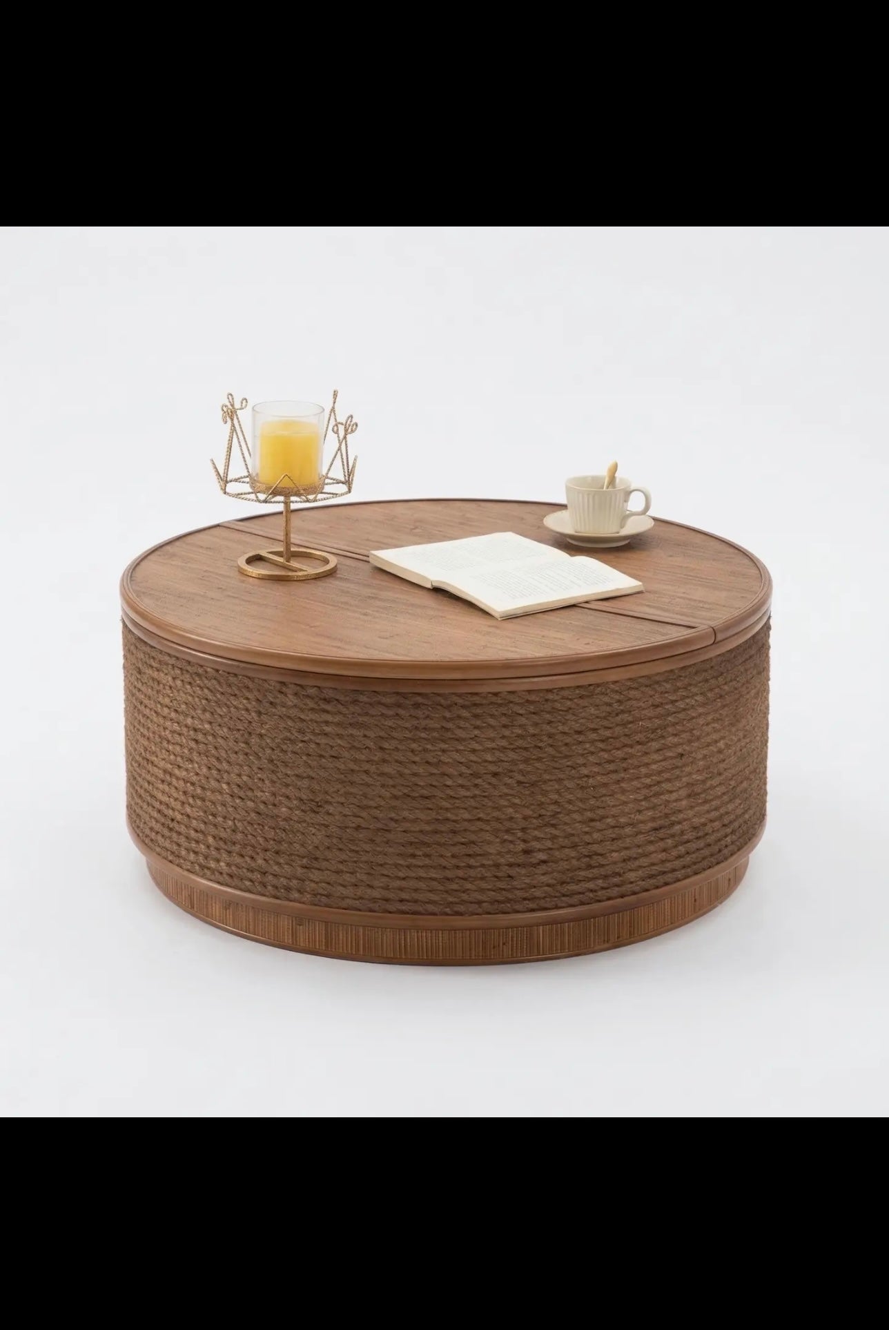 Cremona 31.5" Round Woven Coffee Table with Hidden Storage