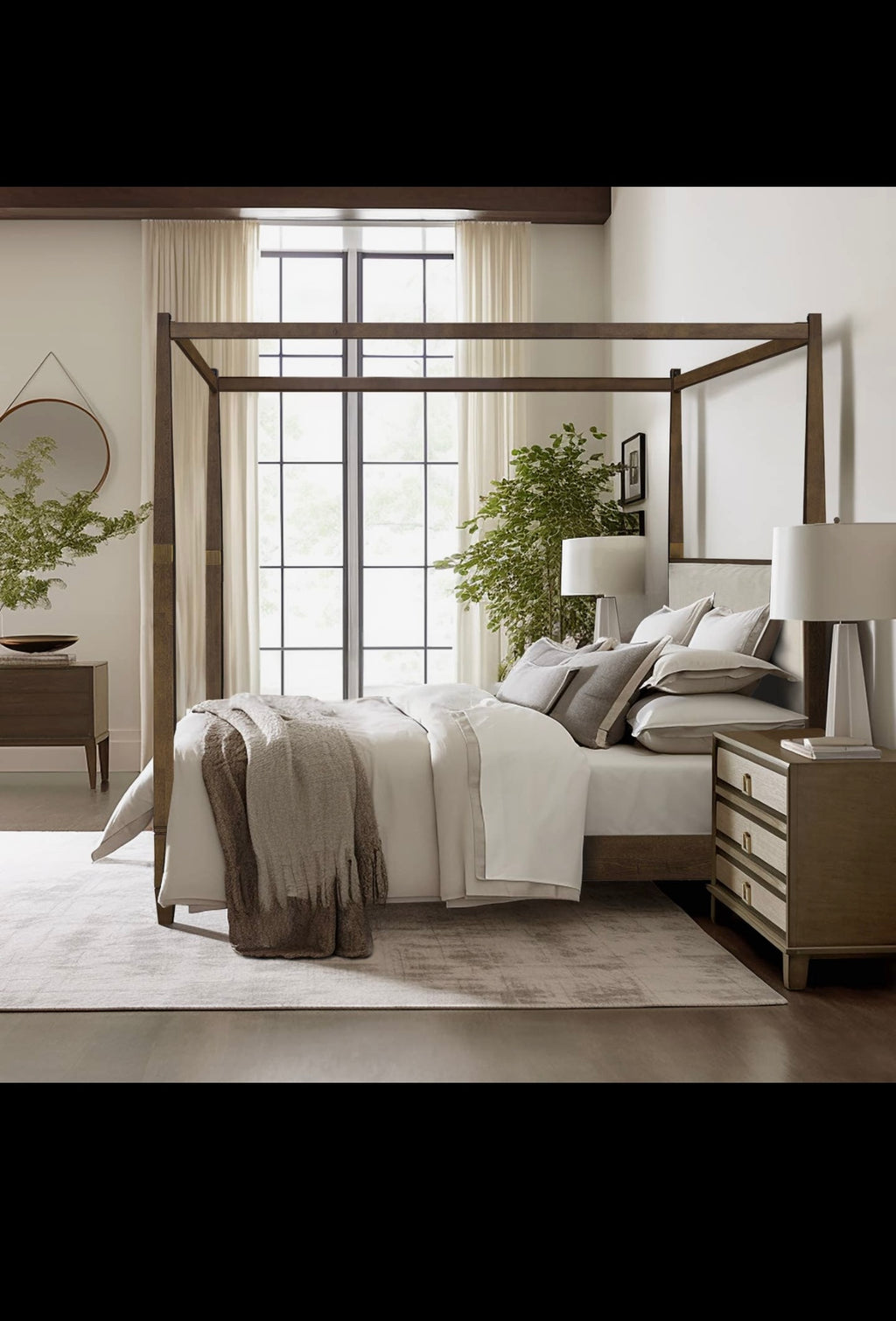 Brown Queen Canopy Bed with Upholstered Headboard