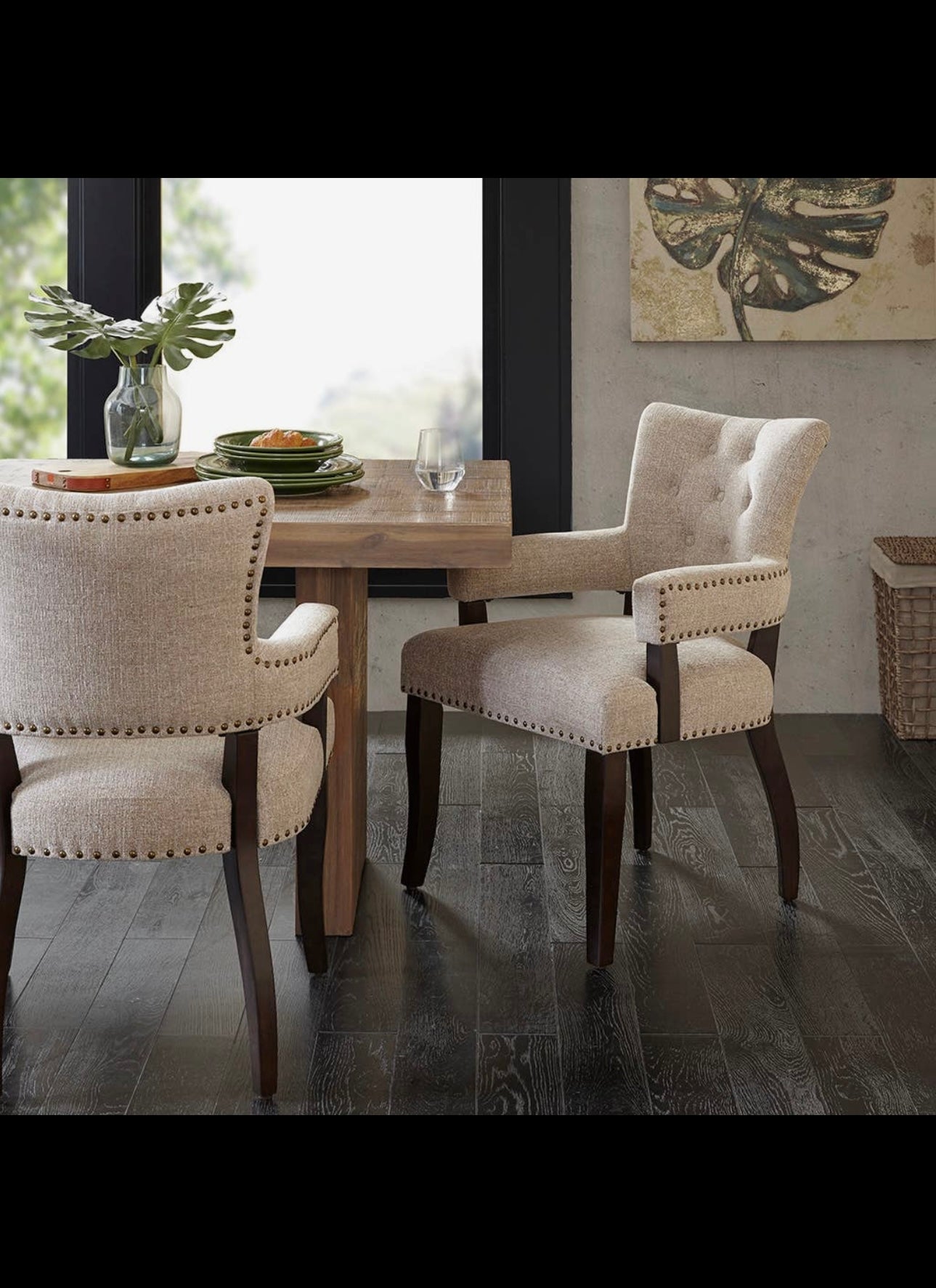 [Set of 2] Multi-Hued Armed Dining Chair, Cream
