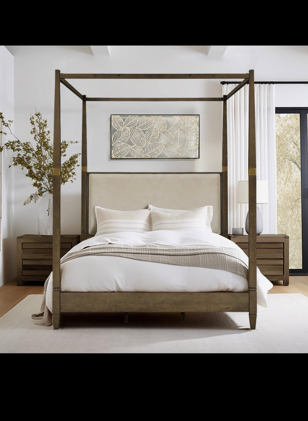 Brown Queen Canopy Bed with Upholstered Headboard