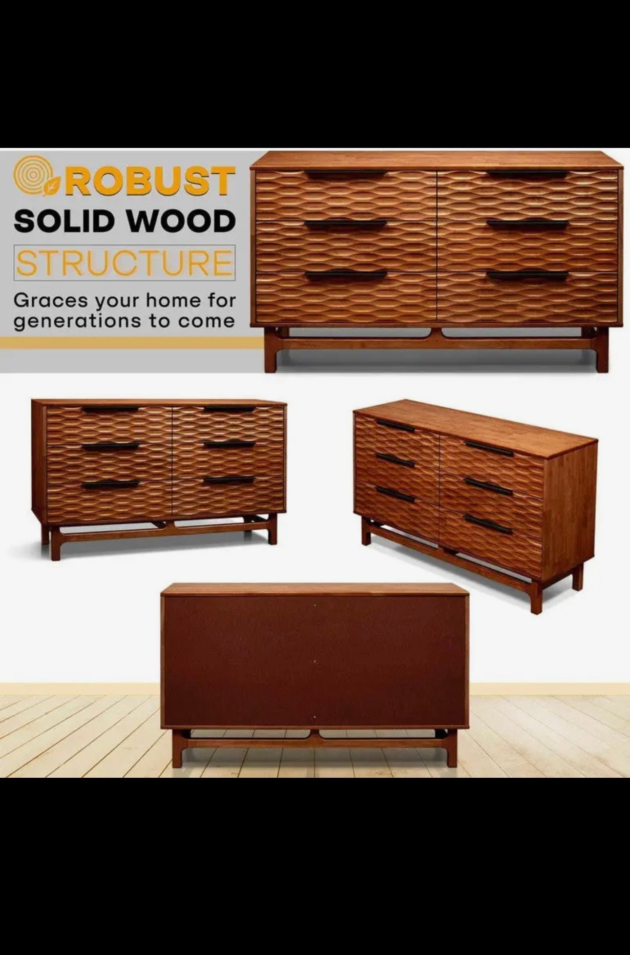 Elara Solid Wood Dresser with 6 Drawers