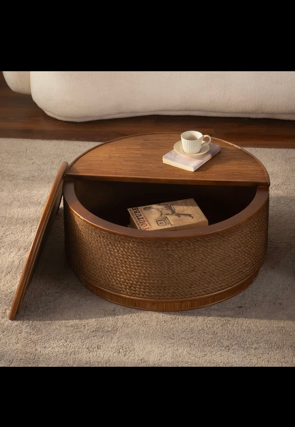 Cremona 31.5" Round Woven Coffee Table with Hidden Storage