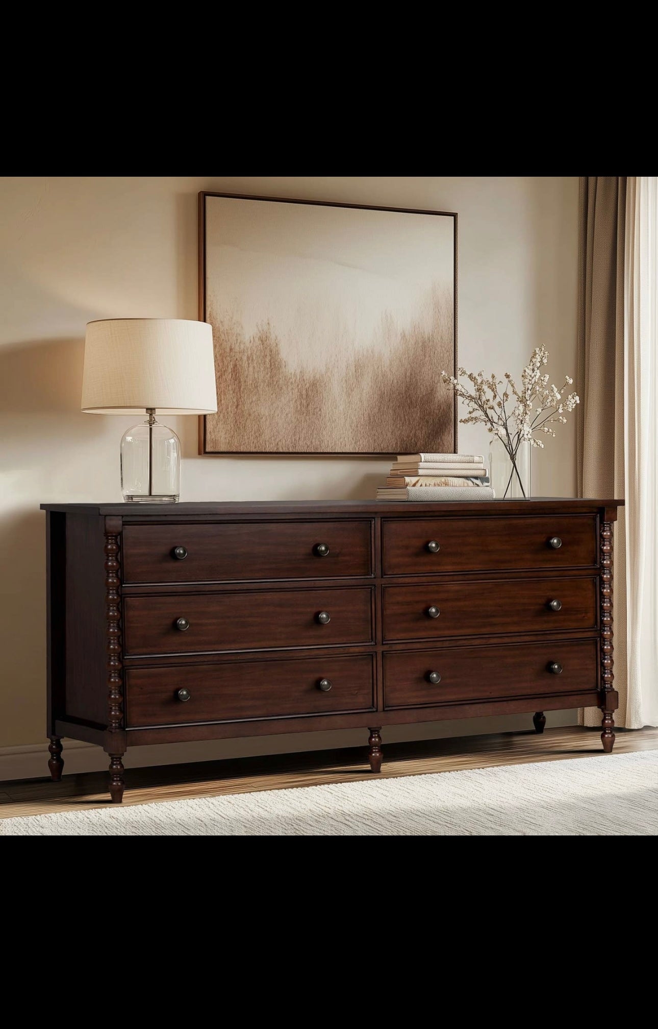 70 in 6-Drawer Spindle Wood Dresser, Morocco Brown