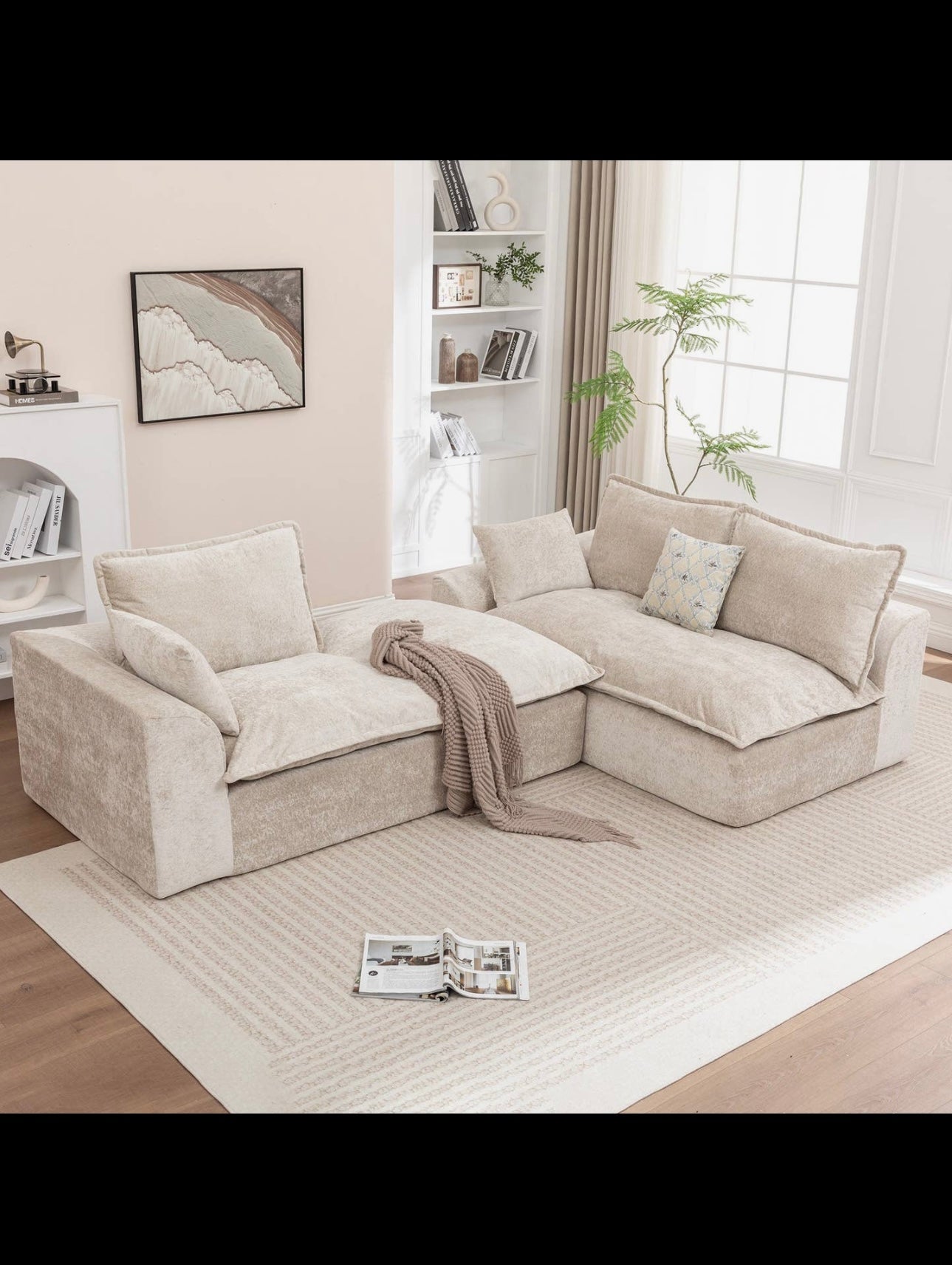 Ivory Chenille L-Shaped Modular
Sectional Compressed Sofa
