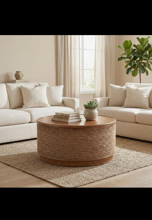 Cremona 31.5" Round Woven Coffee Table with Hidden Storage