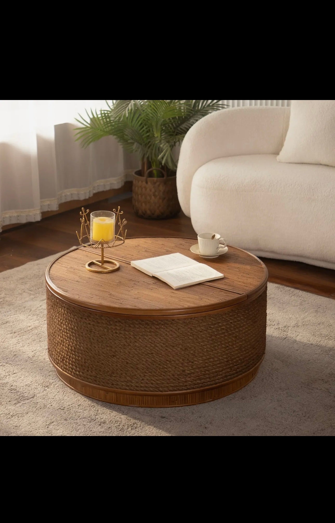Cremona 31.5" Round Woven Coffee Table with Hidden Storage