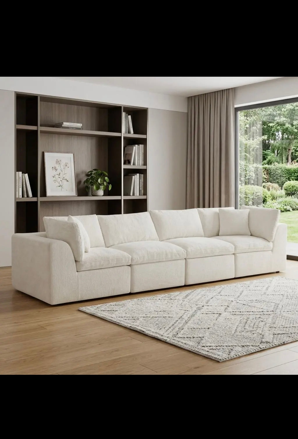 138" Beige Chenille Modular Sofa with Toss Pillows