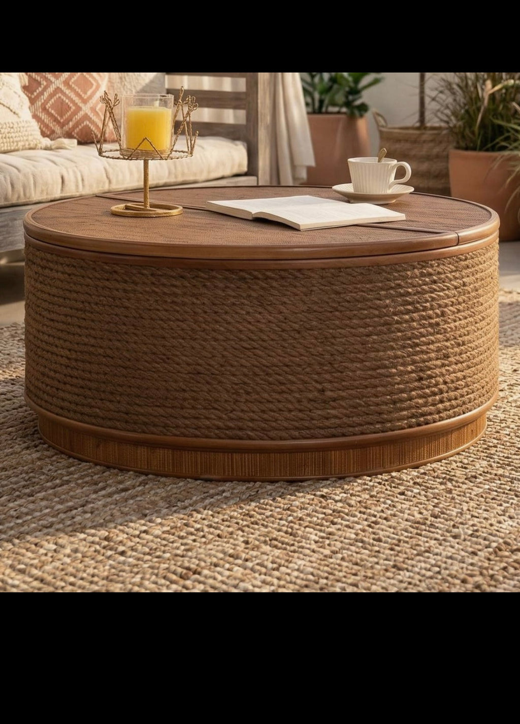 Cremona 31.5" Round Woven Coffee Table with Hidden Storage